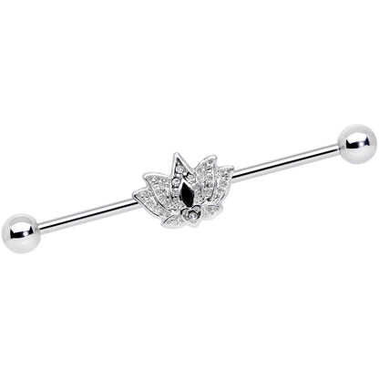 14G Clear Black Gem Crown Lotus Flower Industrial Barbell 38mm