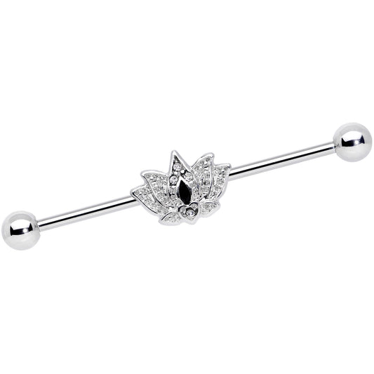 14G Clear Black Gem Crown Lotus Flower Industrial Barbell 38mm