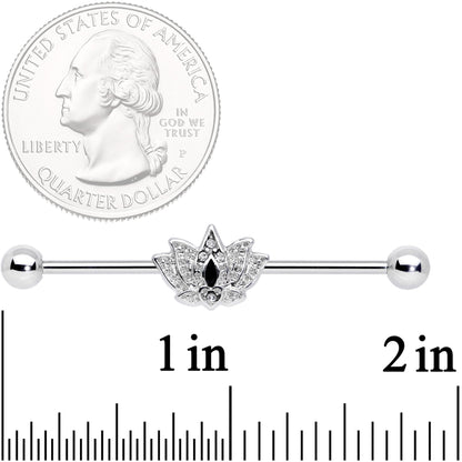 14G Clear Black Gem Crown Lotus Flower Industrial Barbell 38mm