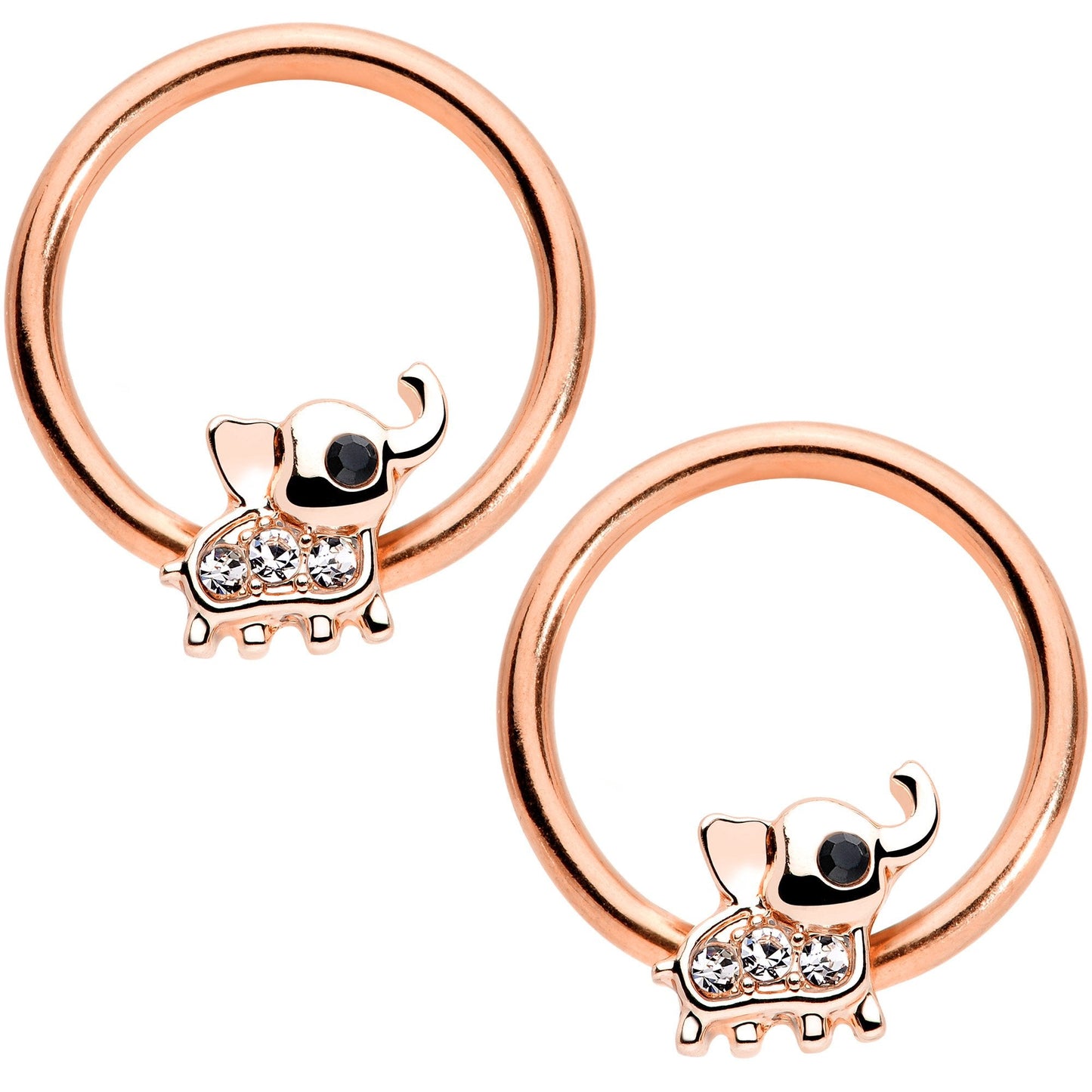 14G 1/2 Clear Gem Rose Gold Tone Elephant Captive Nipple Ring Set
