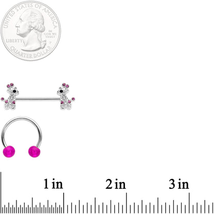 14G Clear Pink Gem Giraffe UV Horseshoe Nipple Ring Set