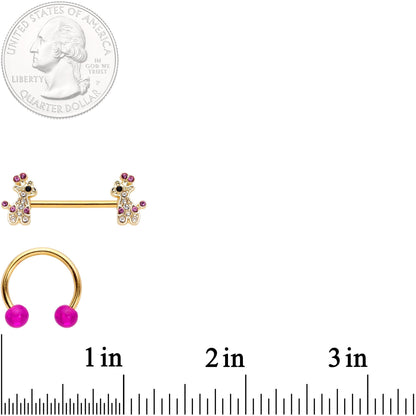 14G Clear Pink Gem Giraffe Gold Tone UV Horseshoe Nipple Ring Set
