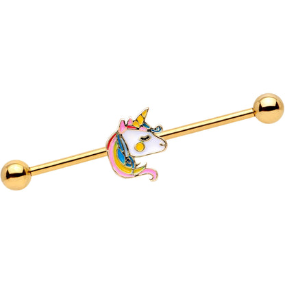 14G Gold Tone Pastel Unicorn Industrial Barbell 38mm