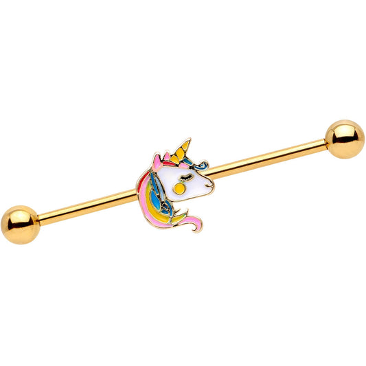 14G Gold Tone Pastel Unicorn Industrial Barbell 38mm