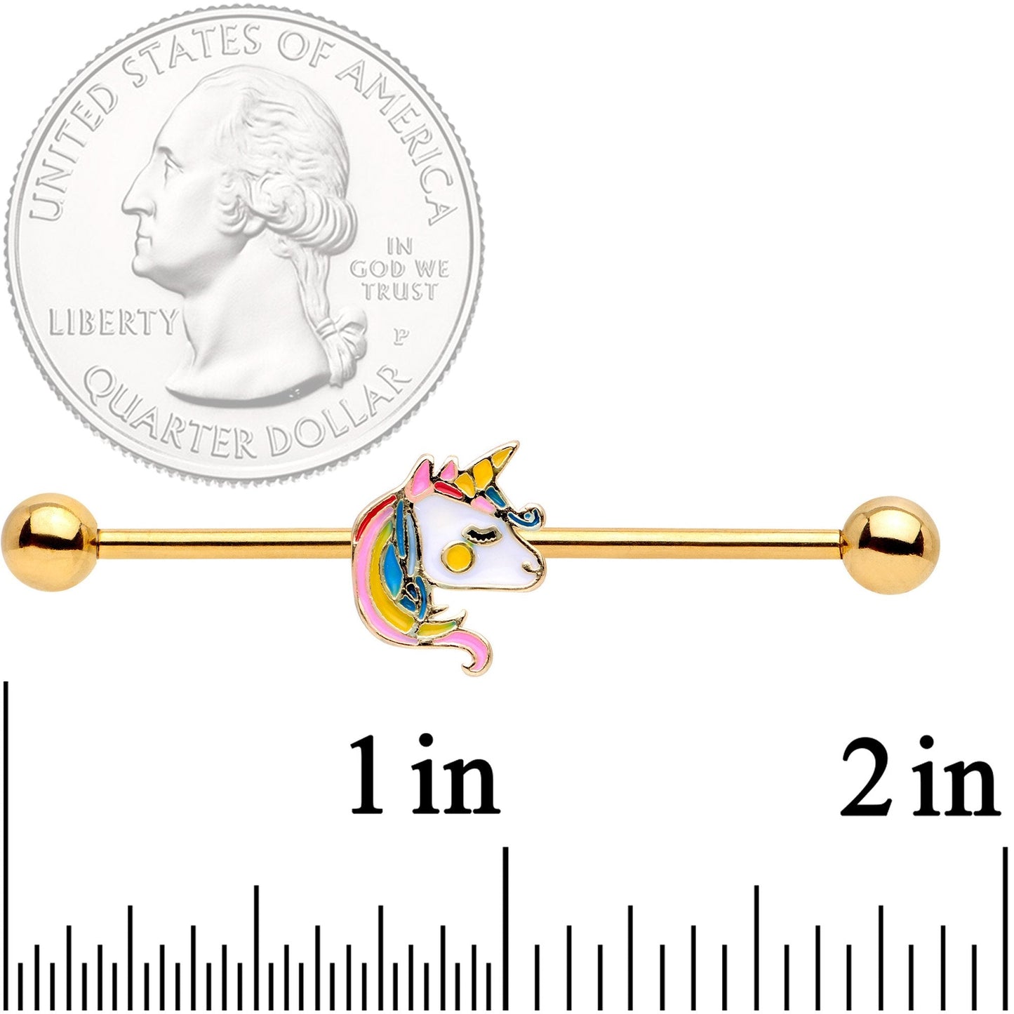 14G Gold Tone Pastel Unicorn Industrial Barbell 38mm