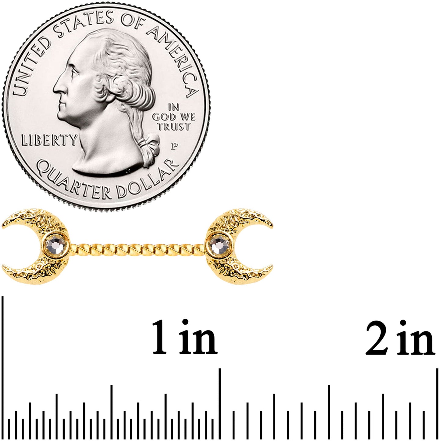 14G Clear Gem Gold Tone Witch Moon Barbell Nipple Ring Set