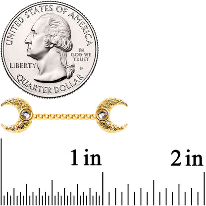 14G Clear Gem Gold Tone Witch Moon Barbell Nipple Ring Set