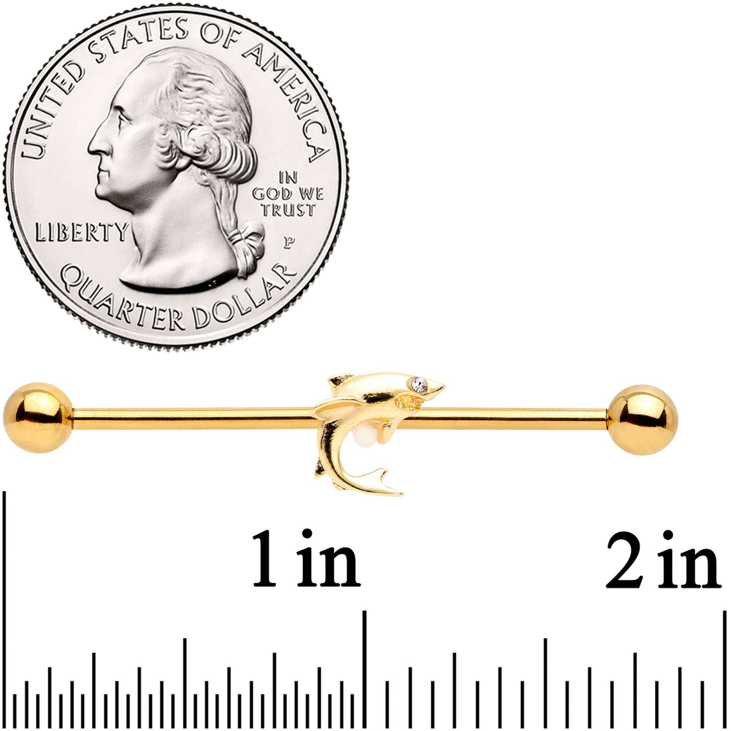 14G Clear Gem Gold Tone Toothy Shark Industrial Barbell 38mm