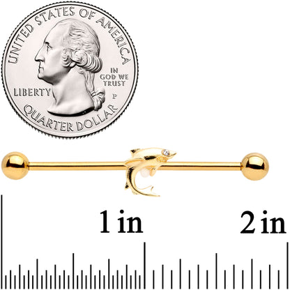 14G Clear Gem Gold Tone Toothy Shark Industrial Barbell 38mm