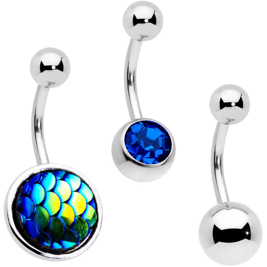 Blue Gem Blue Green Mermaid Scale Belly Ring Set of 3