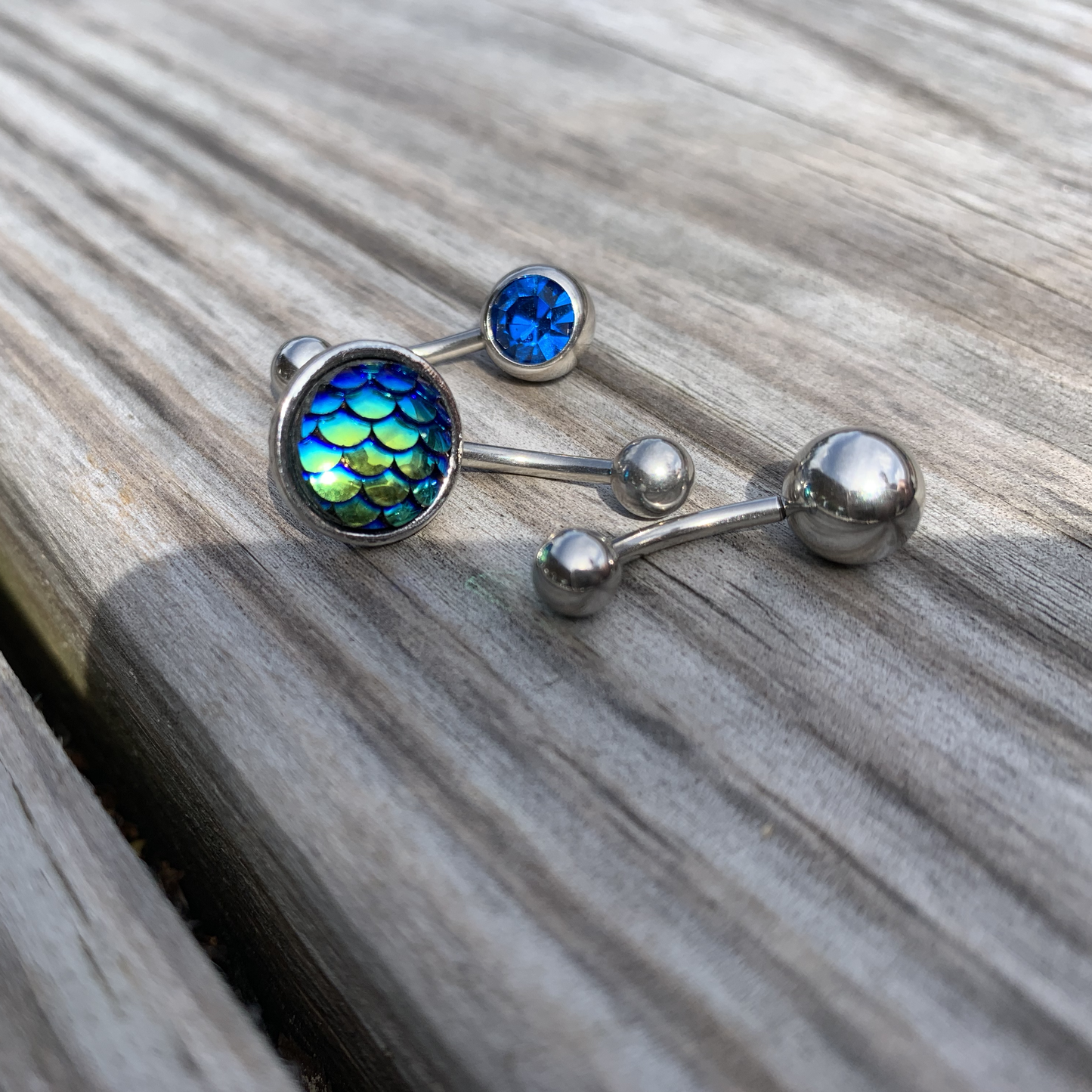 Blue Gem Blue Green Mermaid Scale Belly Ring Set of 3
