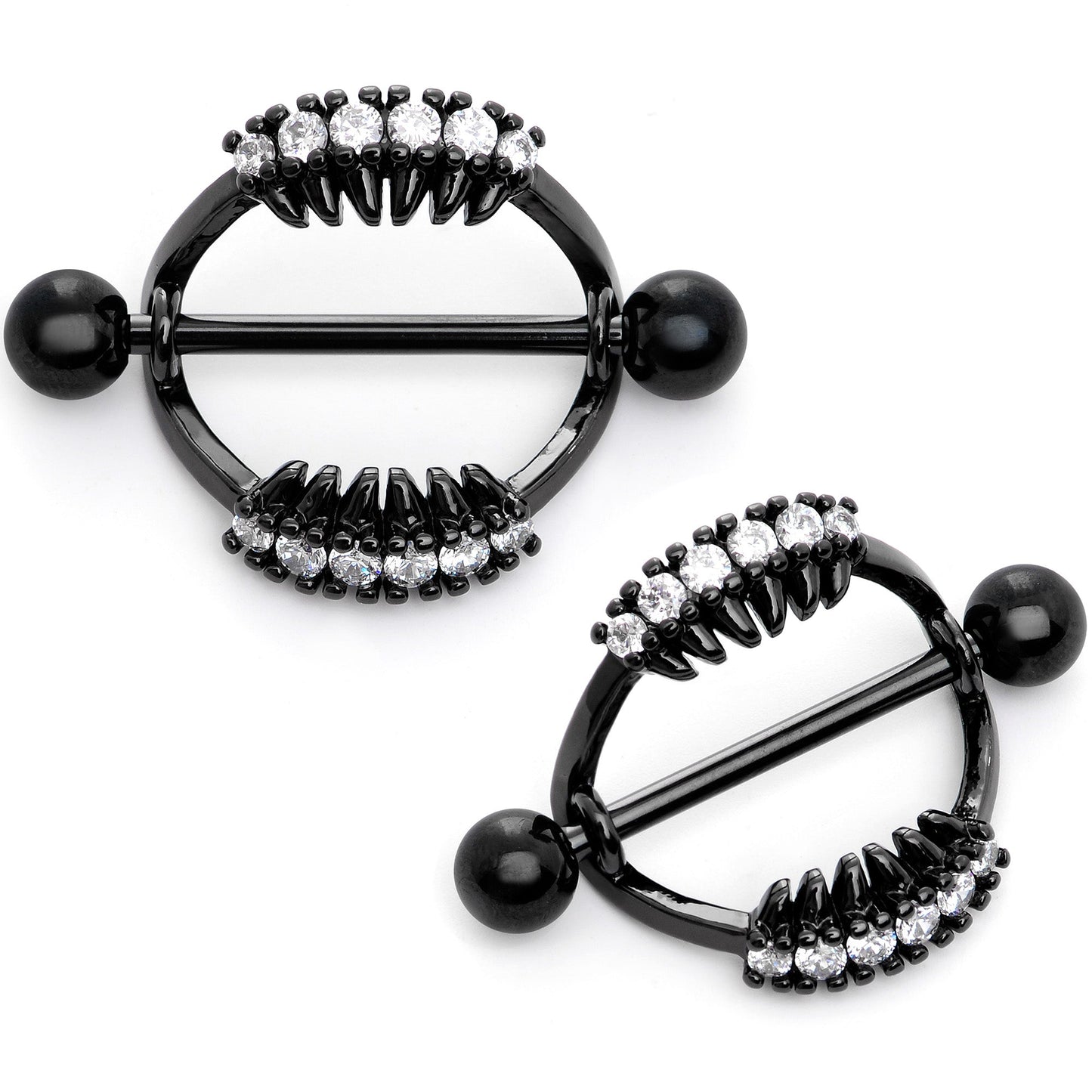 14G 9/16 Clear CZ Gem Black Scary Fang Halloween Nipple Shield Set