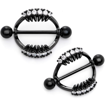 14G 9/16 Clear CZ Gem Black Scary Fang Halloween Nipple Shield Set