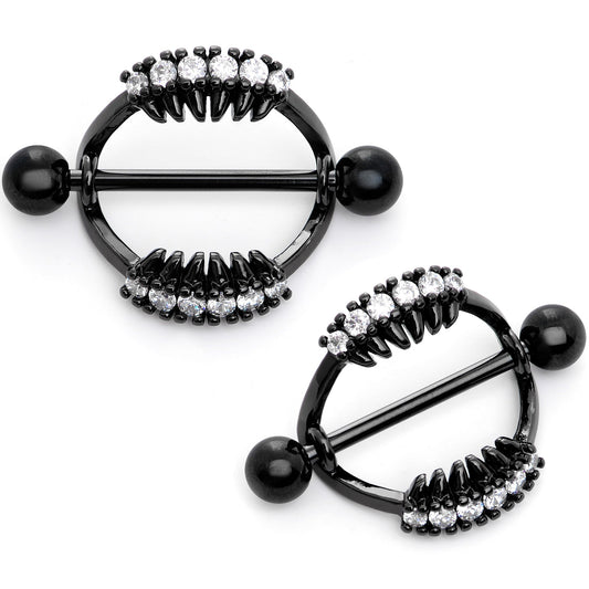 14G 9/16 Clear CZ Gem Black Scary Fang Halloween Nipple Shield Set