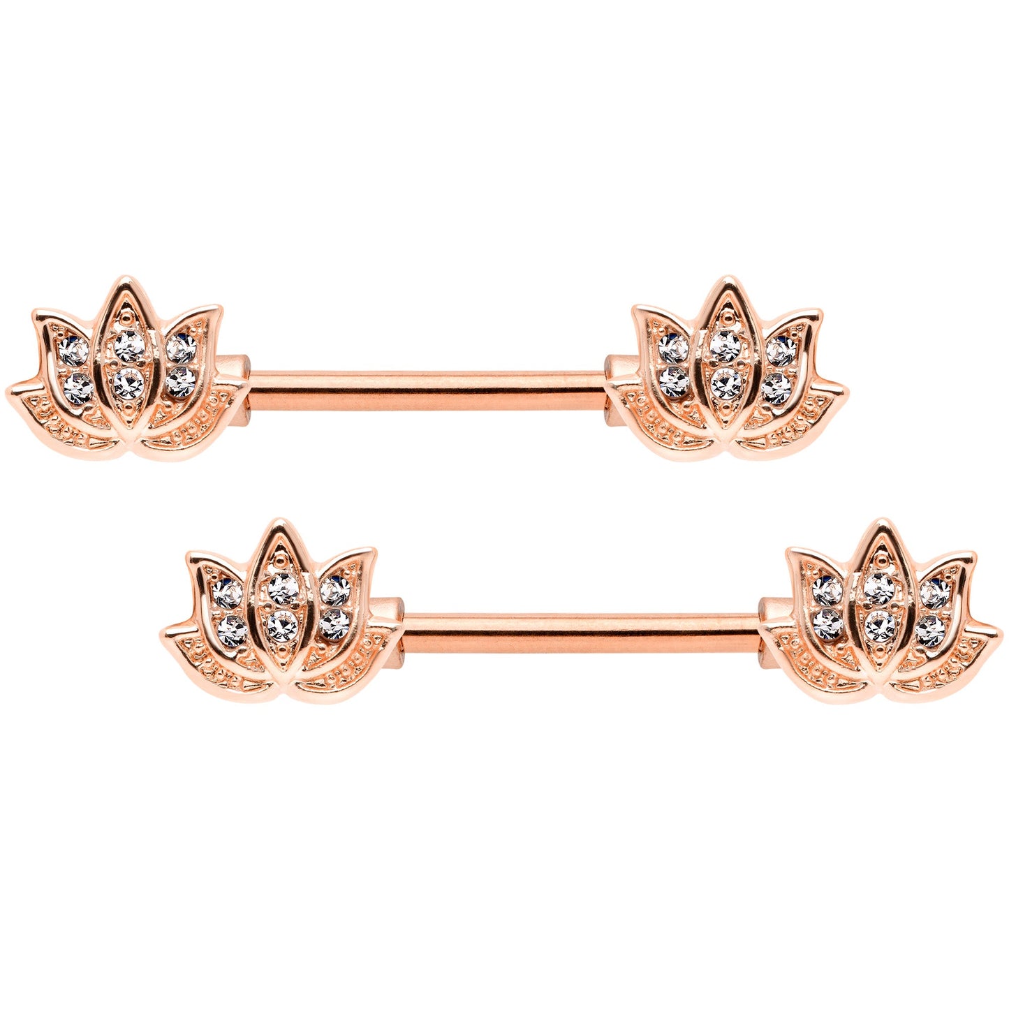 14G 9/16 Clear Gem Rose Gold Tone Lotus Flower Barbell Nipple Ring Set