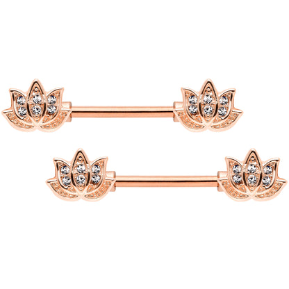 14G 9/16 Clear Gem Rose Gold Tone Lotus Flower Barbell Nipple Ring Set
