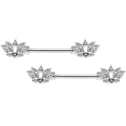 14G 9/16 Clear Gem Lotus Flower Barbell Nipple Ring Set