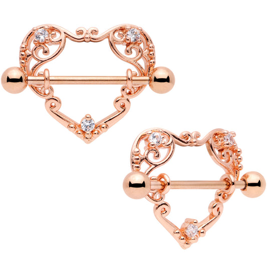 14G 9/16 Clear CZ Gem Rose Gold Tone Open Heart Nipple Shield Set