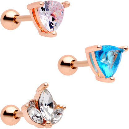 16G 1/4 Blue CZ Gem Rose Gold Tone Cartilage Tragus Set of 3