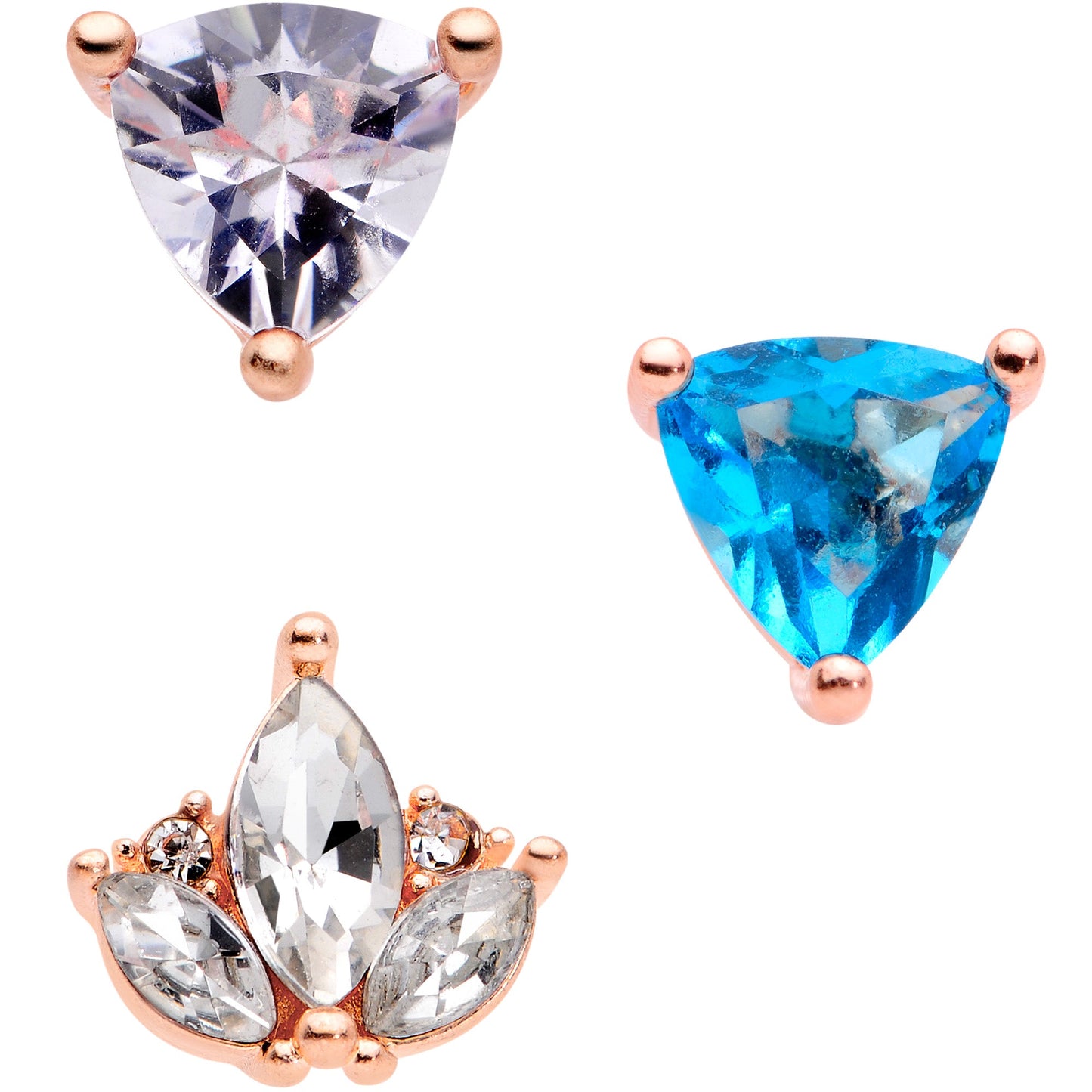 16G 1/4 Blue CZ Gem Rose Gold Tone Cartilage Tragus Set of 3