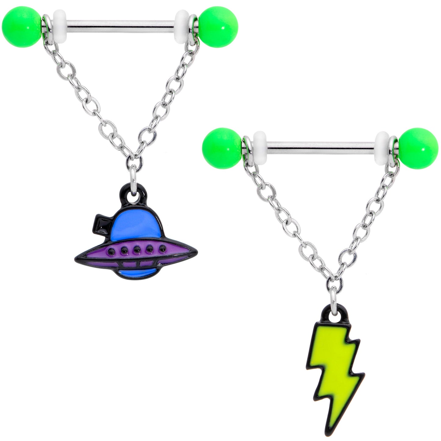 14G 9/16 Green Lightning UFO Dangle Barbell Nipple Ring Set