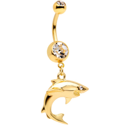 Clear Gem Gold Tone Toothy Shark Dangle Belly Ring