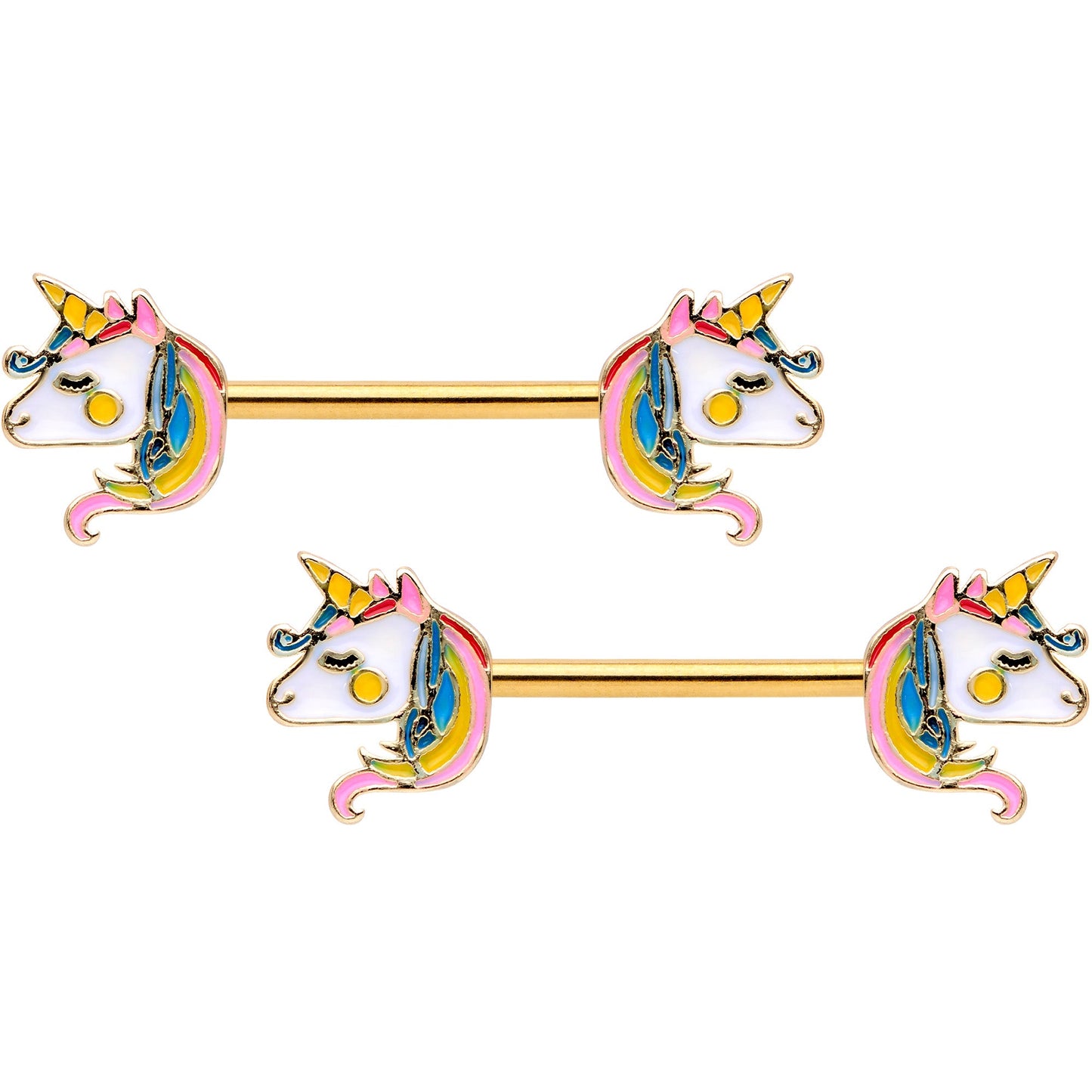 14G Gold Tone Unicorn UV Horseshoe Barbell Nipple Ring Set of 4