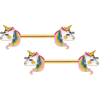 14G Gold Tone Unicorn UV Horseshoe Barbell Nipple Ring Set of 4