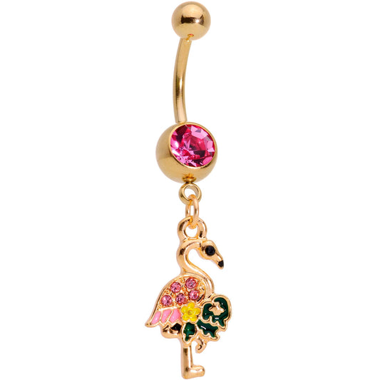 Pink Gem Gold Tone Florida Pink Flamingo Bird Dangle Belly Ring