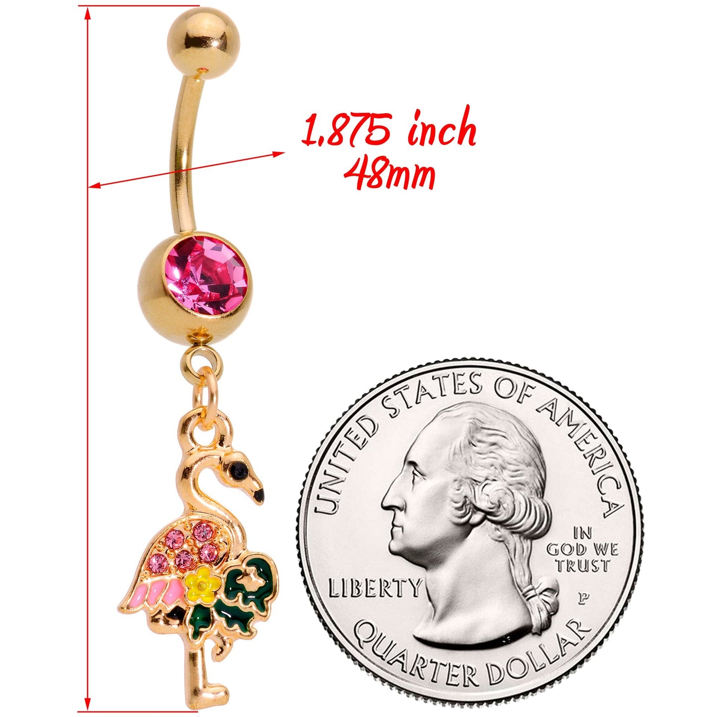 Pink Gem Gold Tone Florida Pink Flamingo Bird Dangle Belly Ring