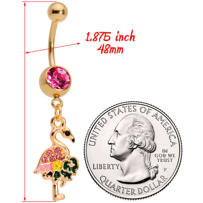 Pink Gem Gold Tone Florida Pink Flamingo Bird Dangle Belly Ring