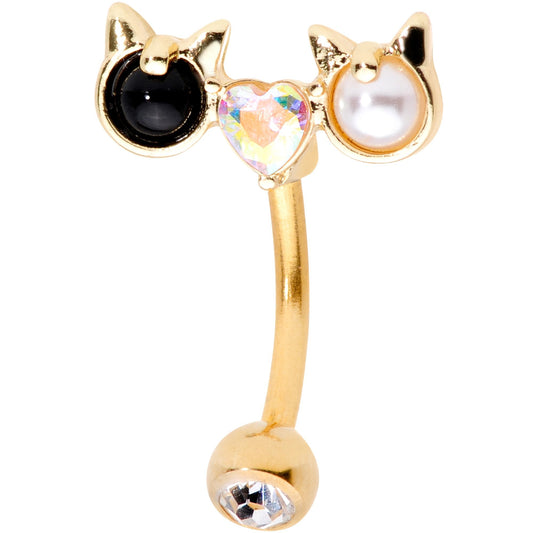 Clear Black CZ Gem Gold Tone Luv Kitty Cat Reversible Belly Ring