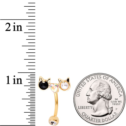 Clear Black CZ Gem Gold Tone Luv Kitty Cat Reversible Belly Ring