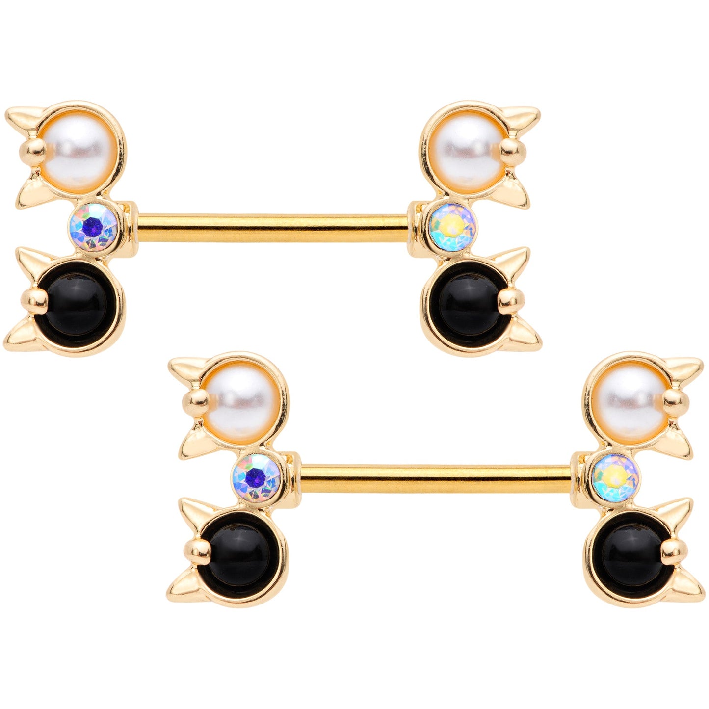 14G Black White CZ Gem Gold Tone Kitty Cat Barbell Nipple Ring Set