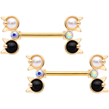 14G Black White CZ Gem Gold Tone Kitty Cat Barbell Nipple Ring Set
