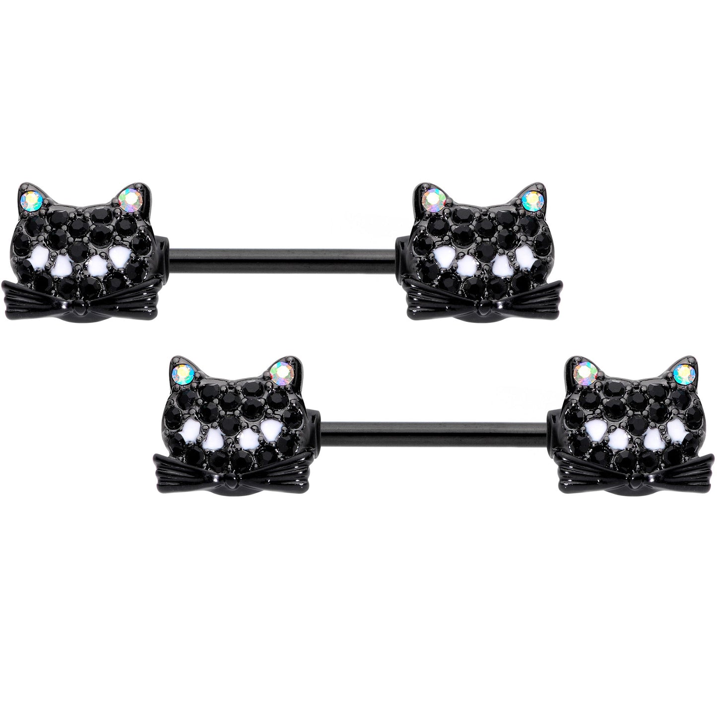 14G 9/16 Black Aurora Gem Crafty Kitty Cat Barbell Nipple Ring Set