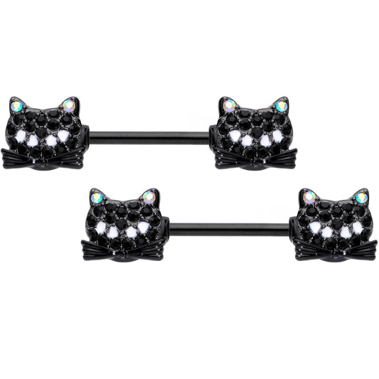14G 9/16 Black Aurora Gem Crafty Kitty Cat Barbell Nipple Ring Set