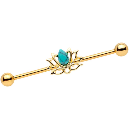 14G Faux Turquoise Gold Tone Lotus Flower Industrial Barbell 38mm