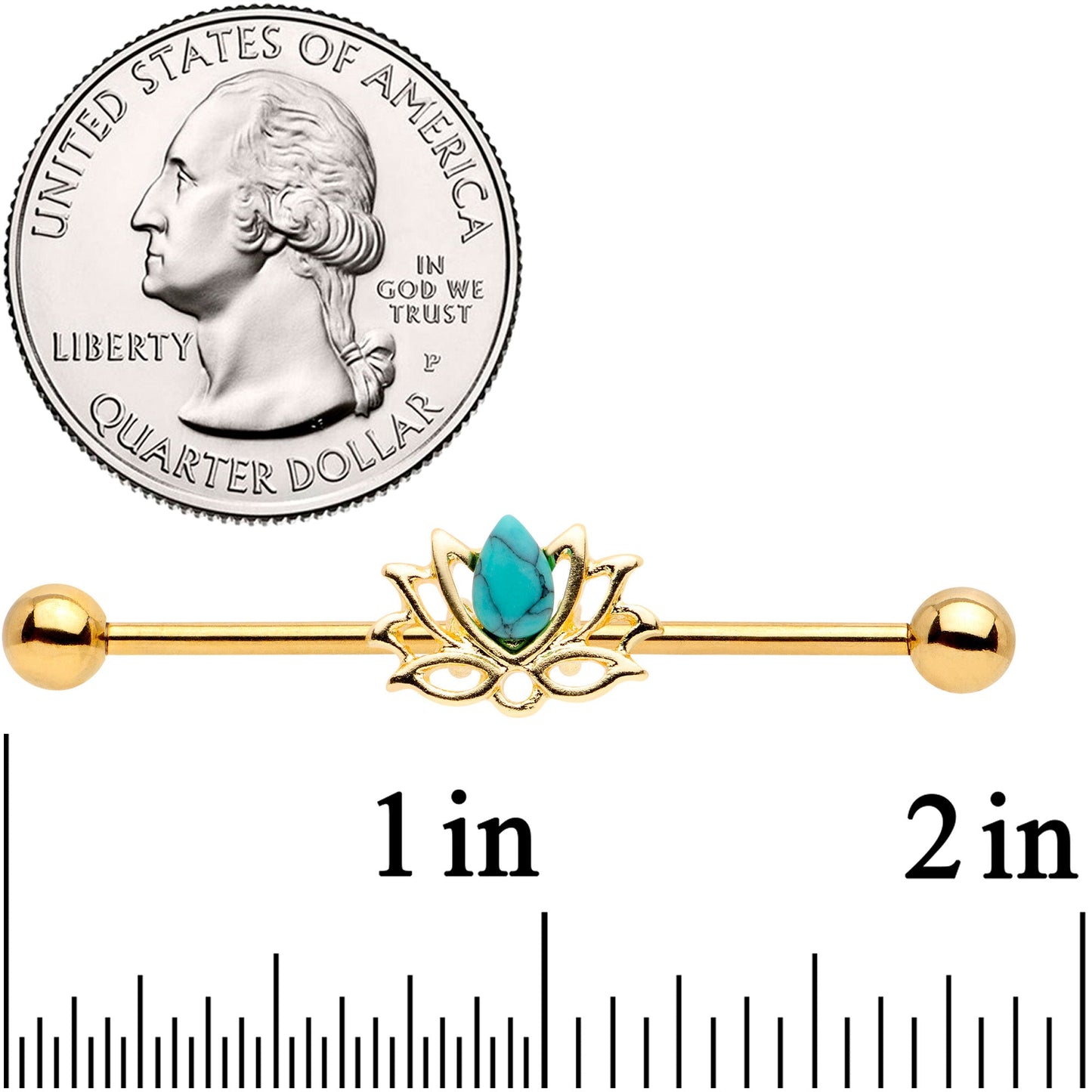 14G Faux Turquoise Gold Tone Lotus Flower Industrial Barbell 38mm