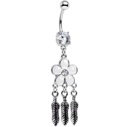 Clear Gem White Flower Feathers Dreamcatcher Dangle Belly Ring