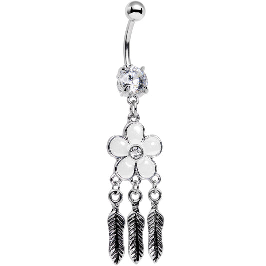 Clear Gem White Flower Feathers Dreamcatcher Dangle Belly Ring