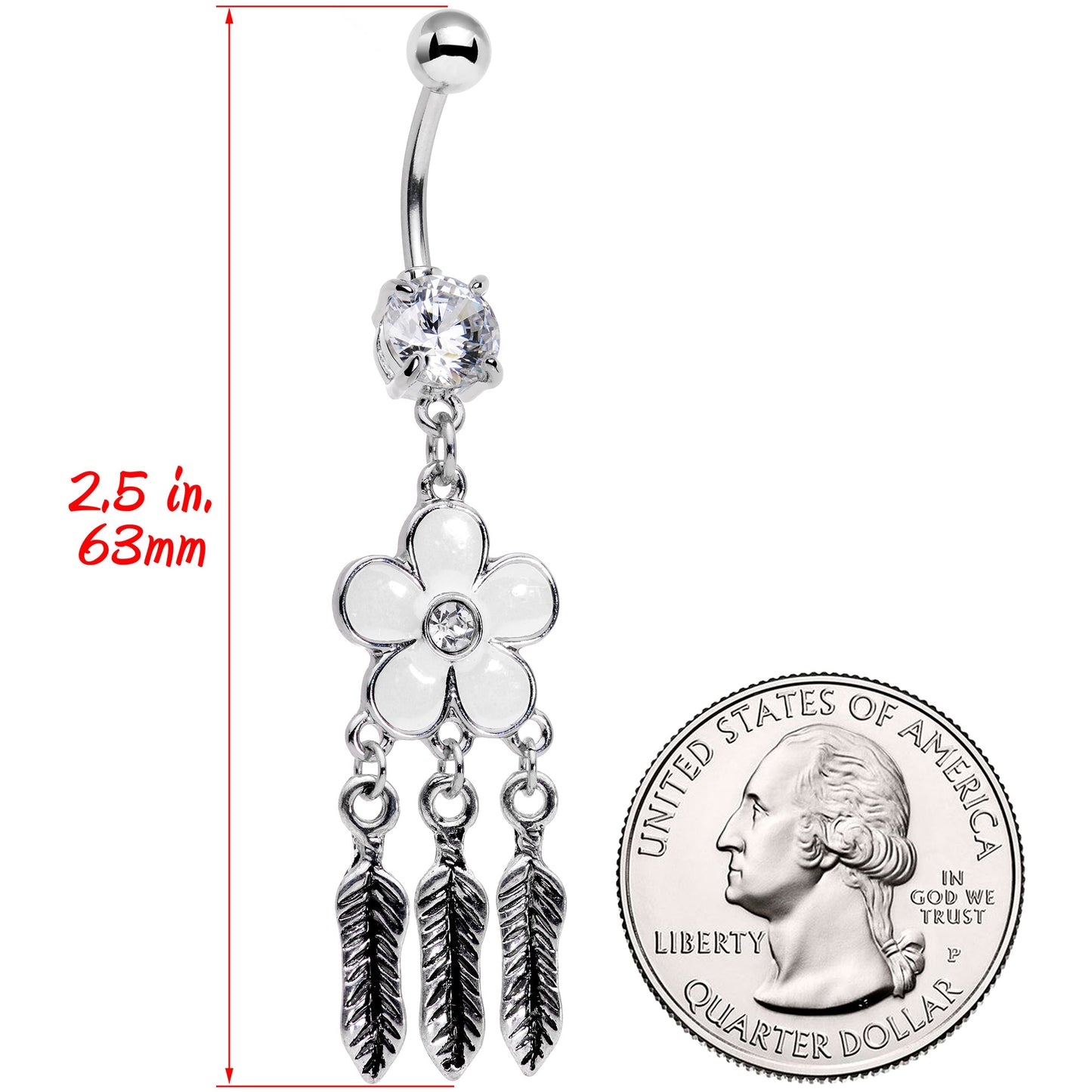 Clear Gem White Flower Feathers Dreamcatcher Dangle Belly Ring