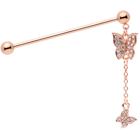 14G Clear Gem Rose Gold Tone Butterfly Dangle Industrial Barbell