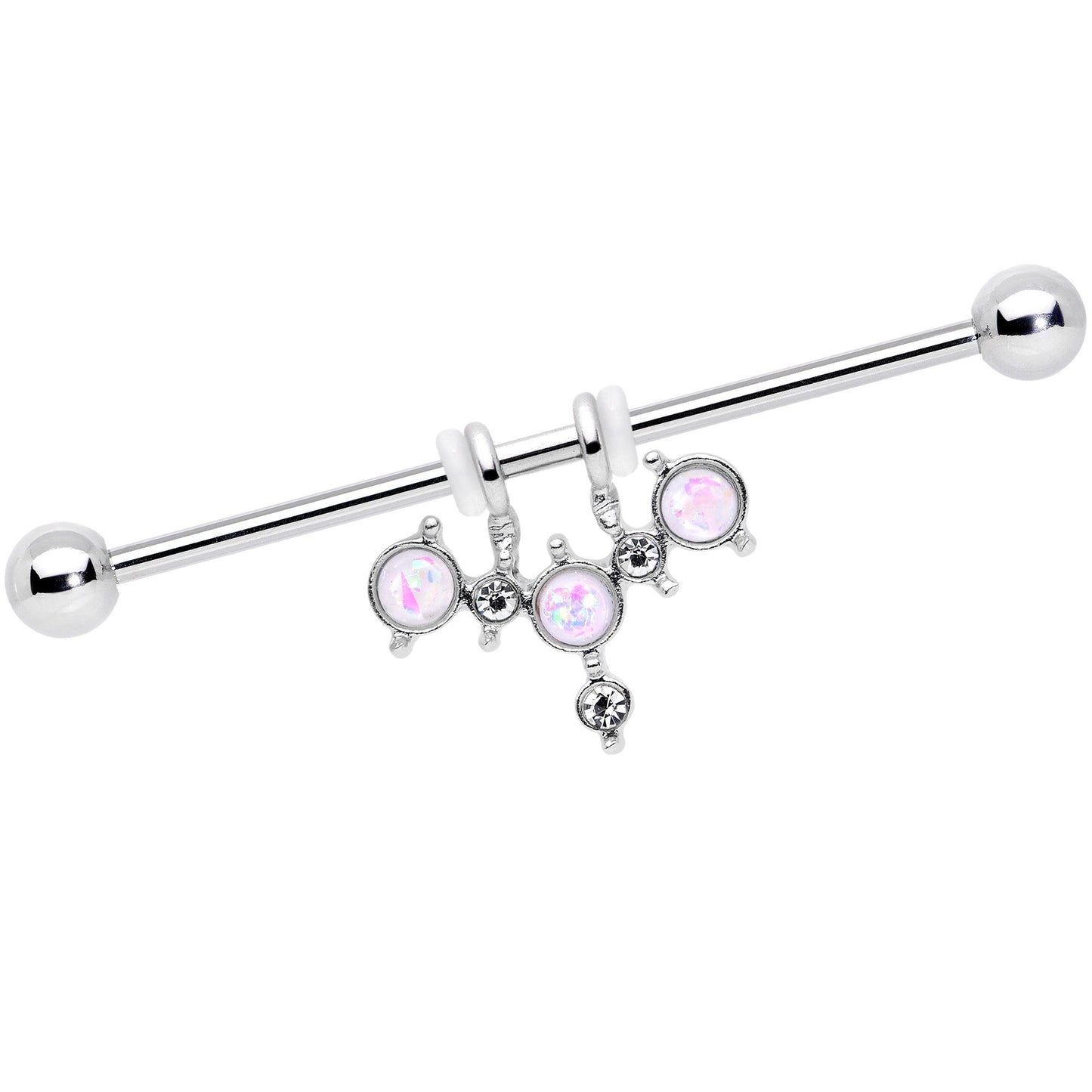 14G White Faux Opal Triad Dangle Industrial Barbell 38mm