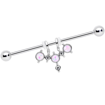 14G White Faux Opal Triad Dangle Industrial Barbell 38mm