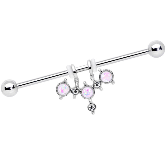 14G White Faux Opal Triad Dangle Industrial Barbell 38mm