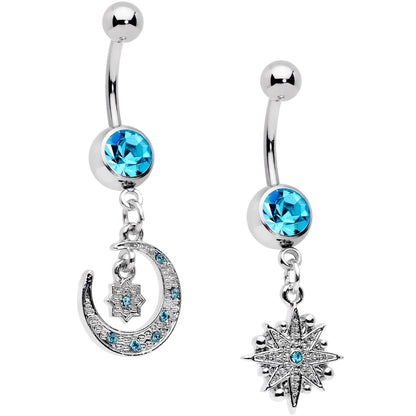 Aqua Gem Starburst Crescent Moon Dangle Belly Ring Set of 2