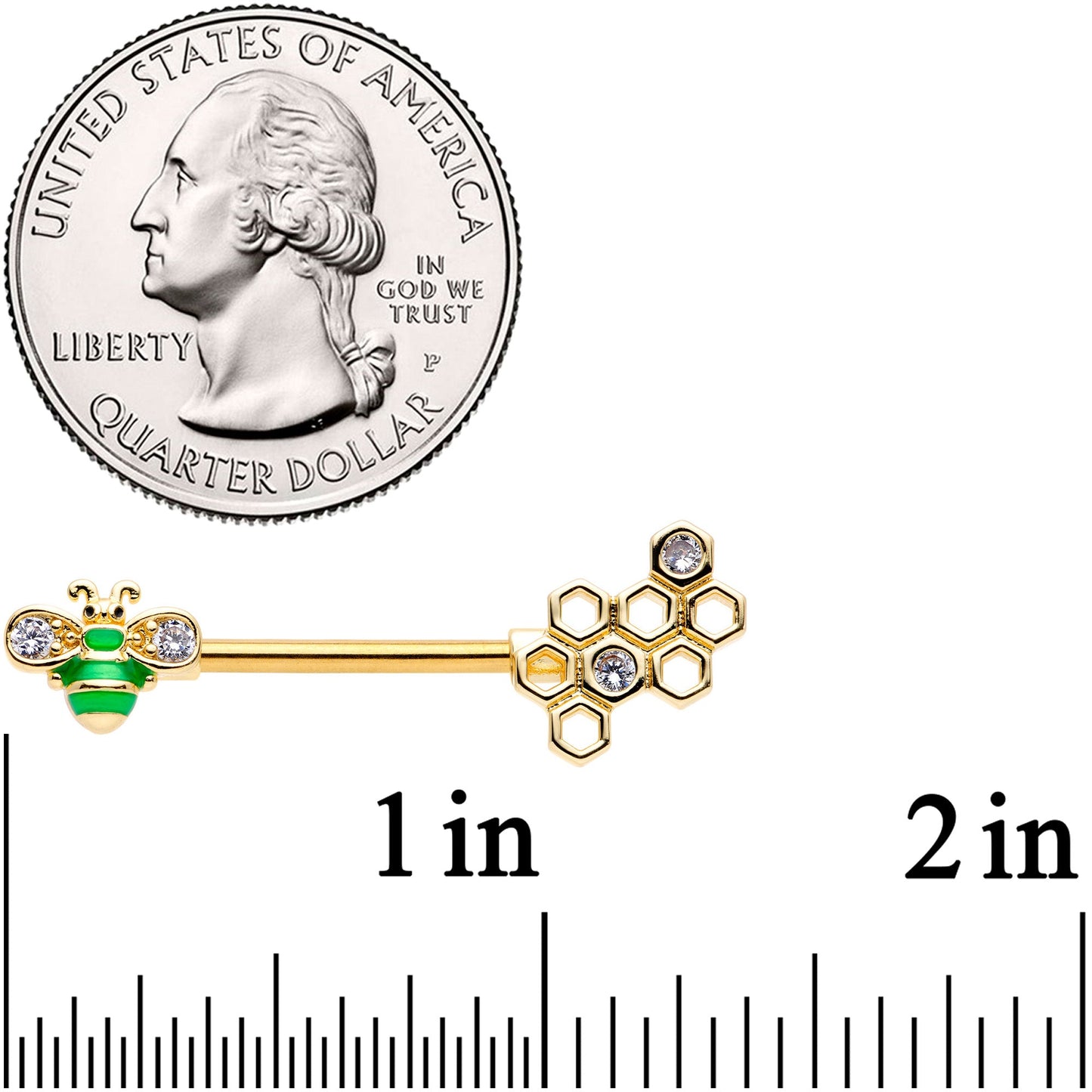 14G 9/16 Clear Gem Gold Tone Green Bee Barbell Nipple Ring Set