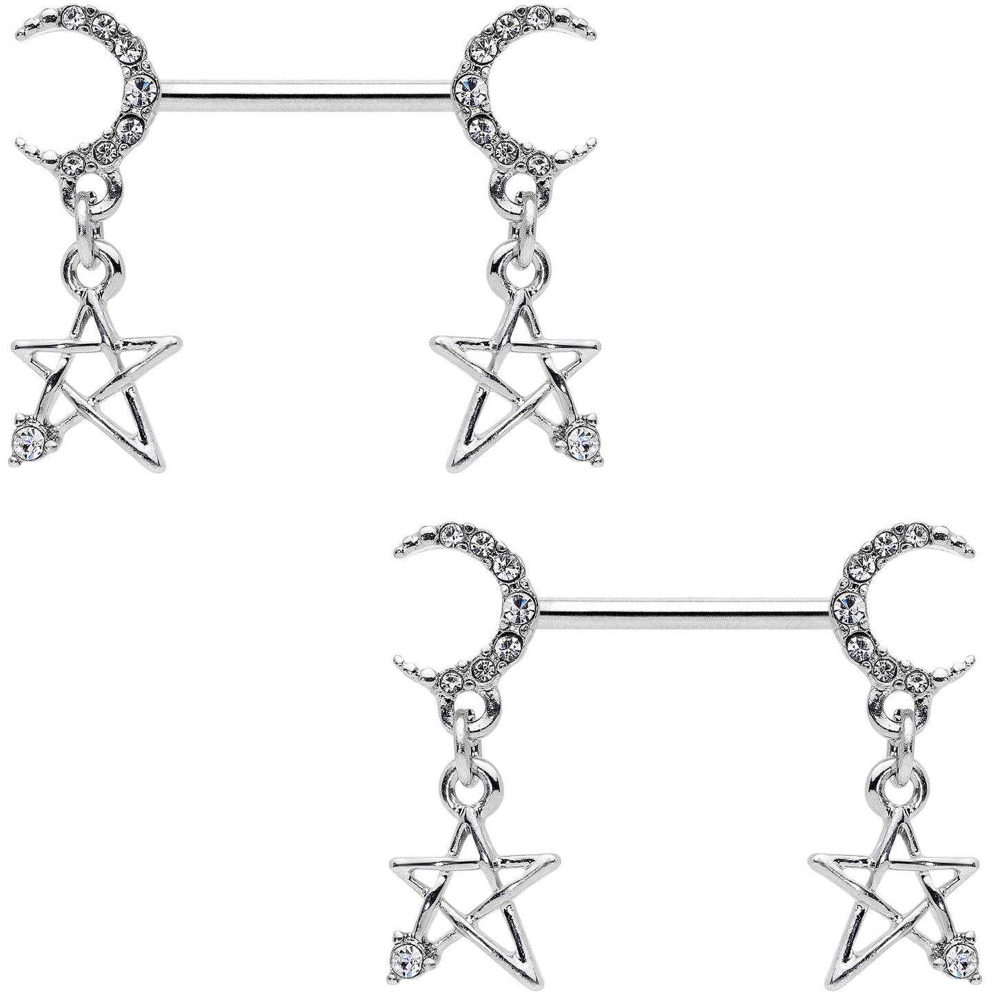 14G 9/16 Clear Gem Moon Star Dangle Barbell Nipple Ring Set