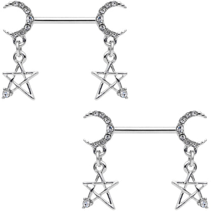14G 9/16 Clear Gem Moon Star Dangle Barbell Nipple Ring Set